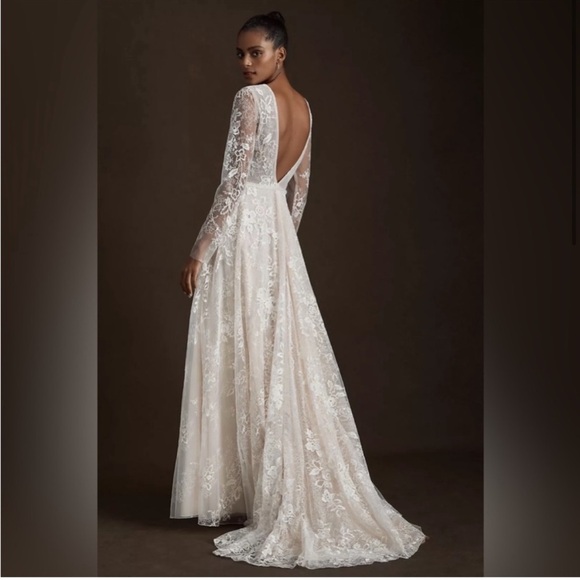 BHLDN Riki Dalal Joan Illusion V-Neck Long Sleeve Lace Wedding Gown size 8 NWT - Picture 2 of 16